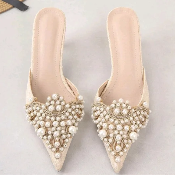 Women's off white Fashionable Pearl And Rhinestone Decoration Mules - Picture 4 of 5